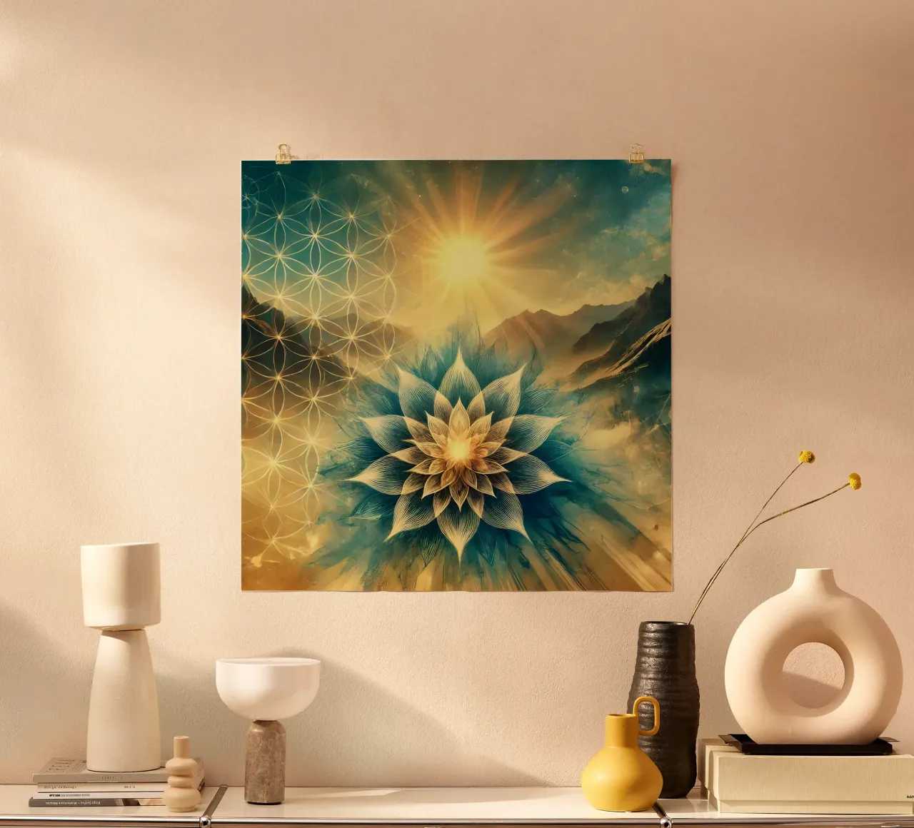 Flower of life - watercolour style poster with wooden frame by spiritual