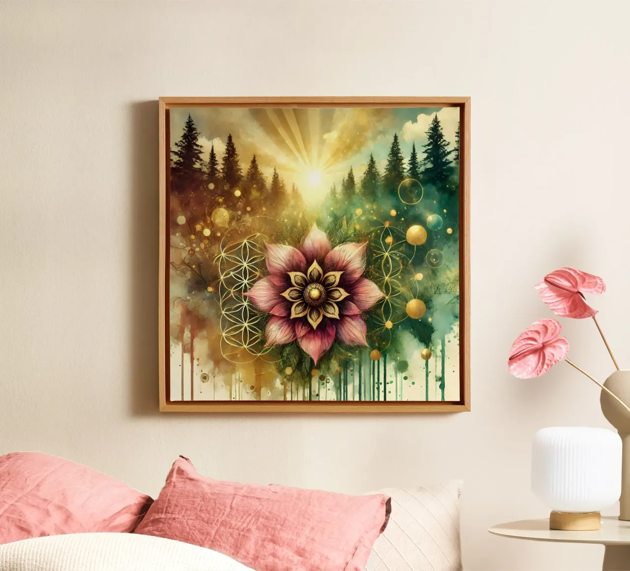 Bloem des levens - aquarelstijl canvas met Baklijst van spiritual
