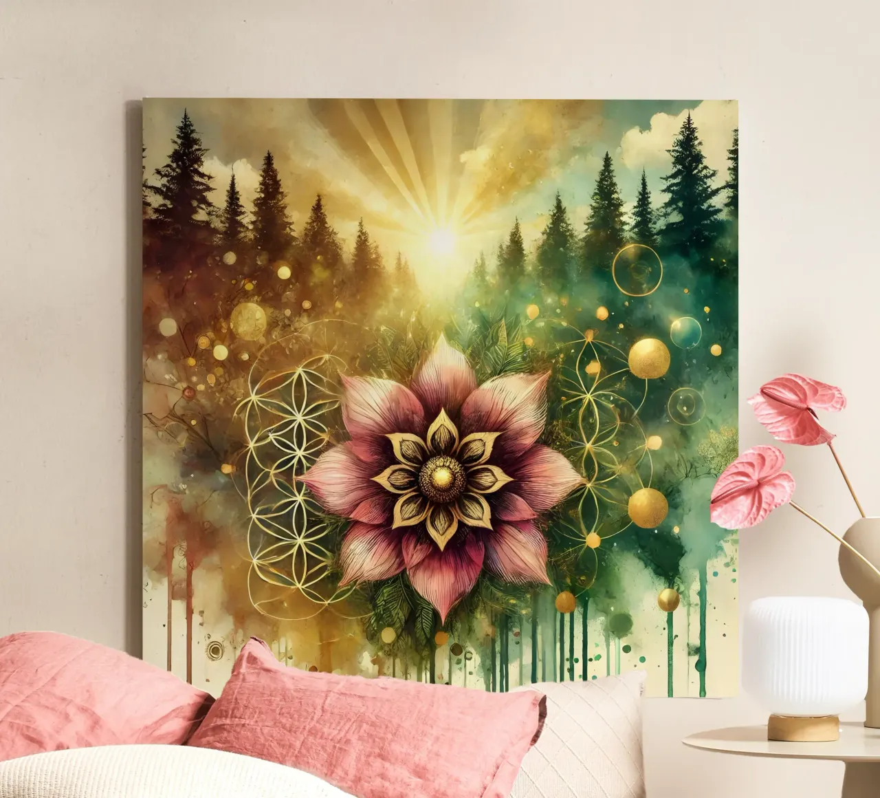 Bloem des levens - aquarelstijl canvas met Baklijst van spiritual