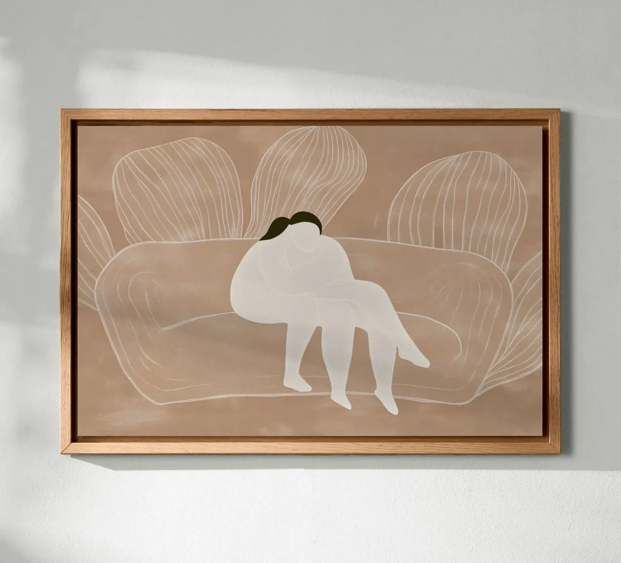 Twee naakte mensen op een bank | Lineart print in beige canvas met Baklijst van Autofocus