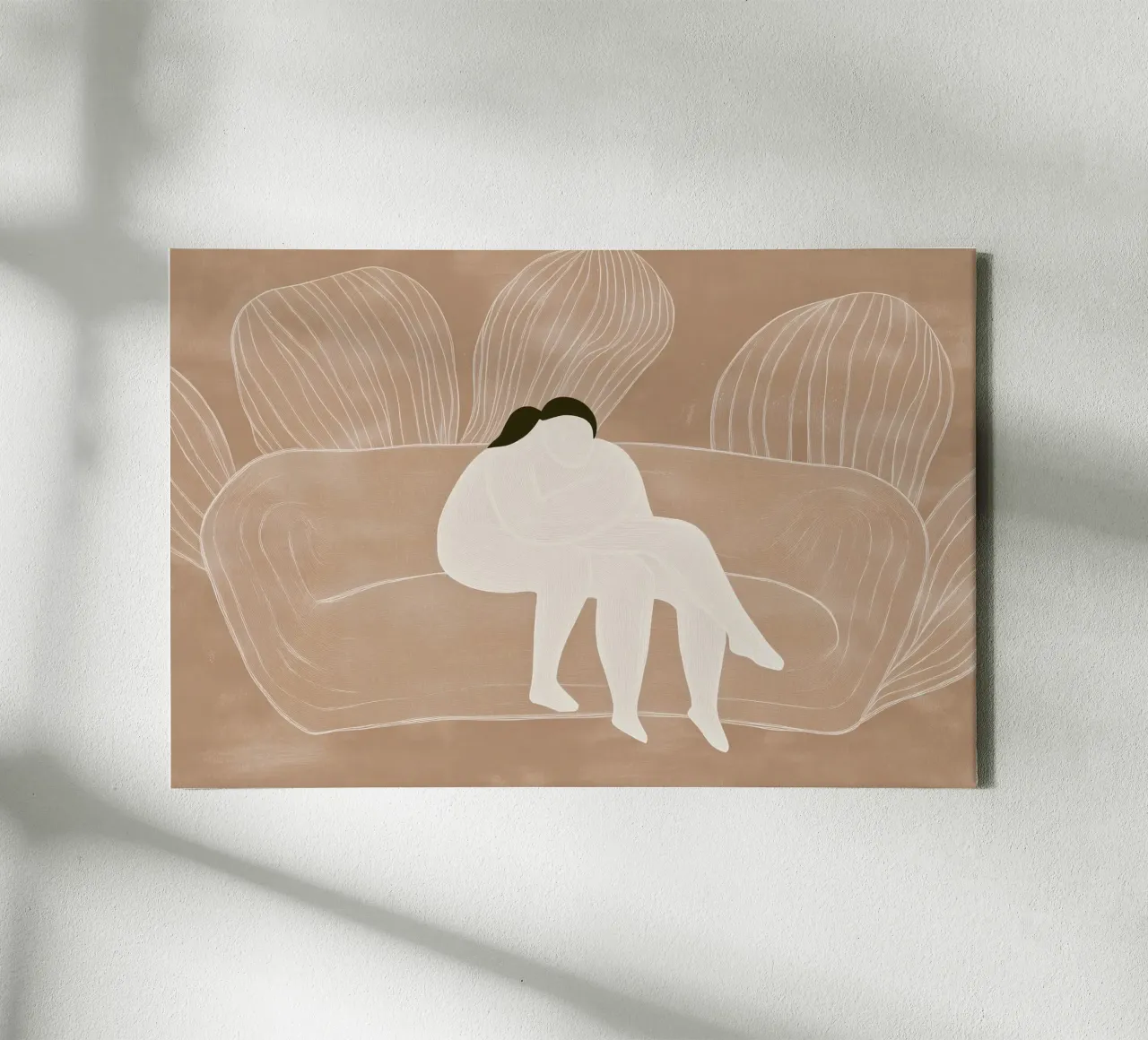 Twee naakte mensen op een bank | Lineart print in beige canvas met Baklijst van Autofocus