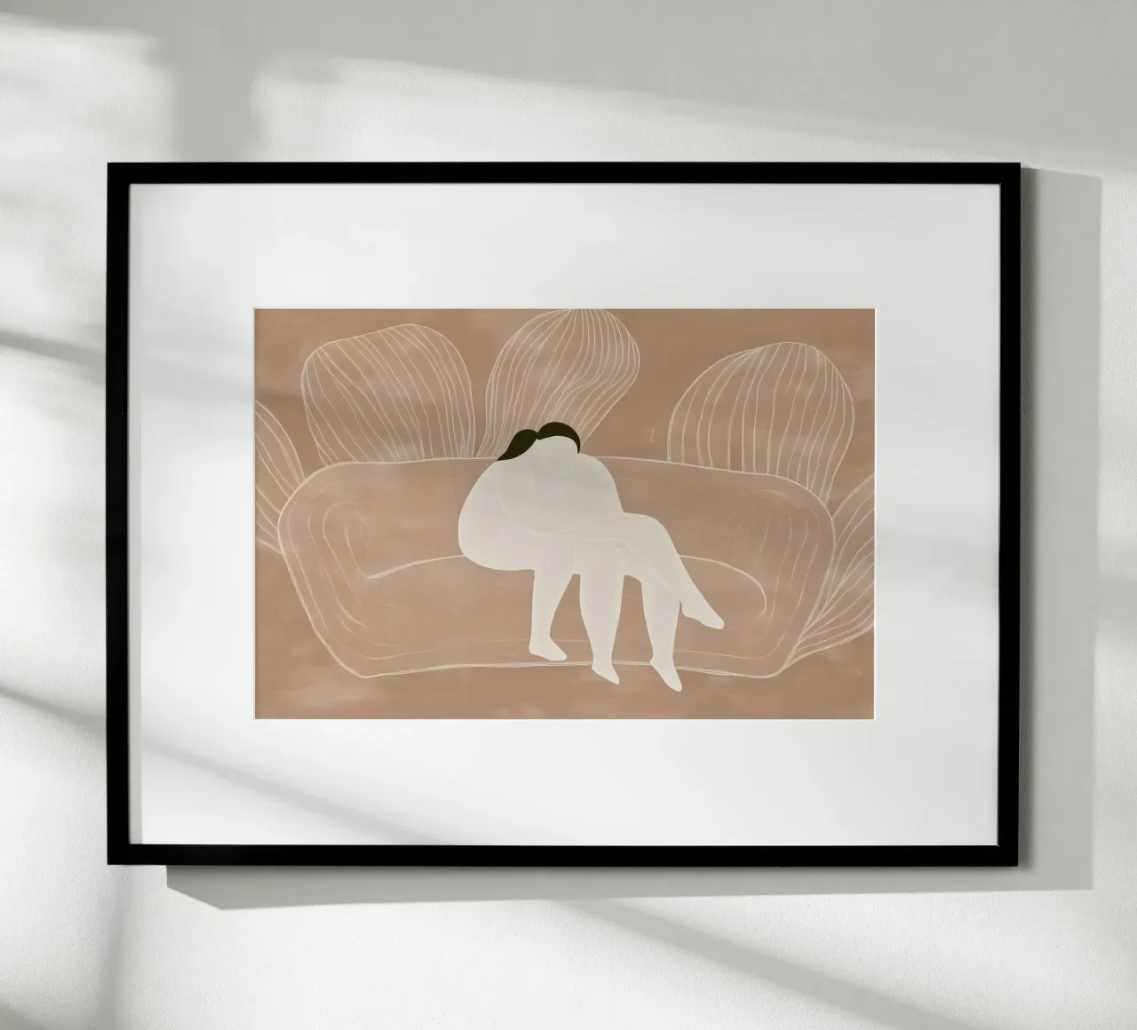 Two naked people on a sofa | Lineart print in beige poster with wooden frame by Autofocus