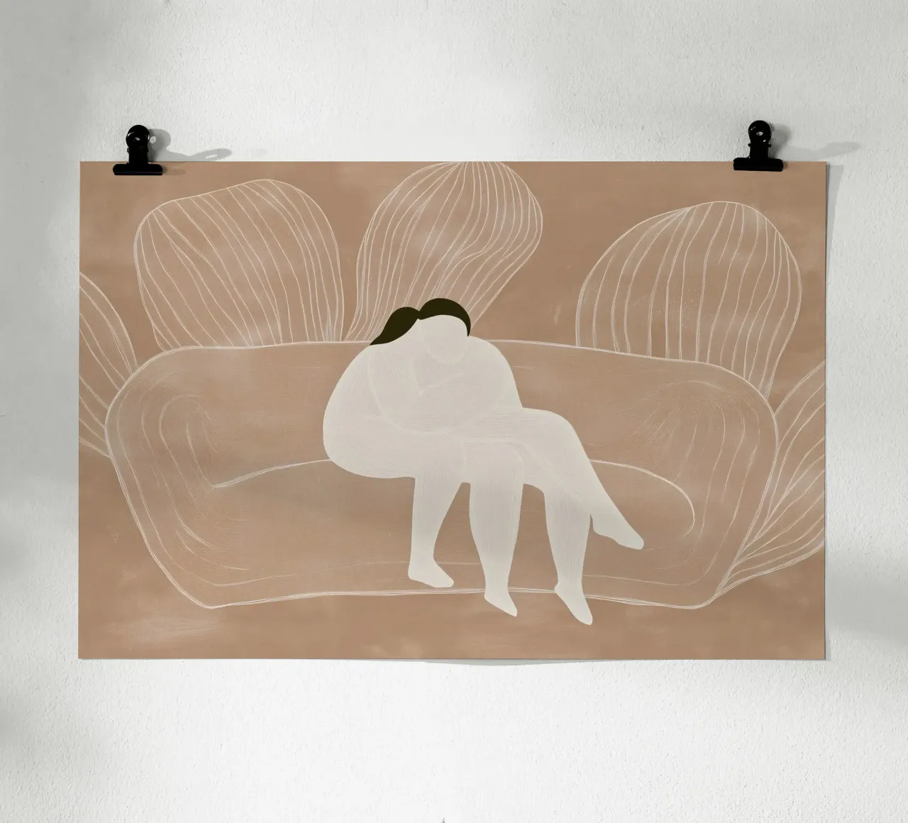 Two naked people on a sofa | Lineart print in beige poster with wooden frame by Autofocus