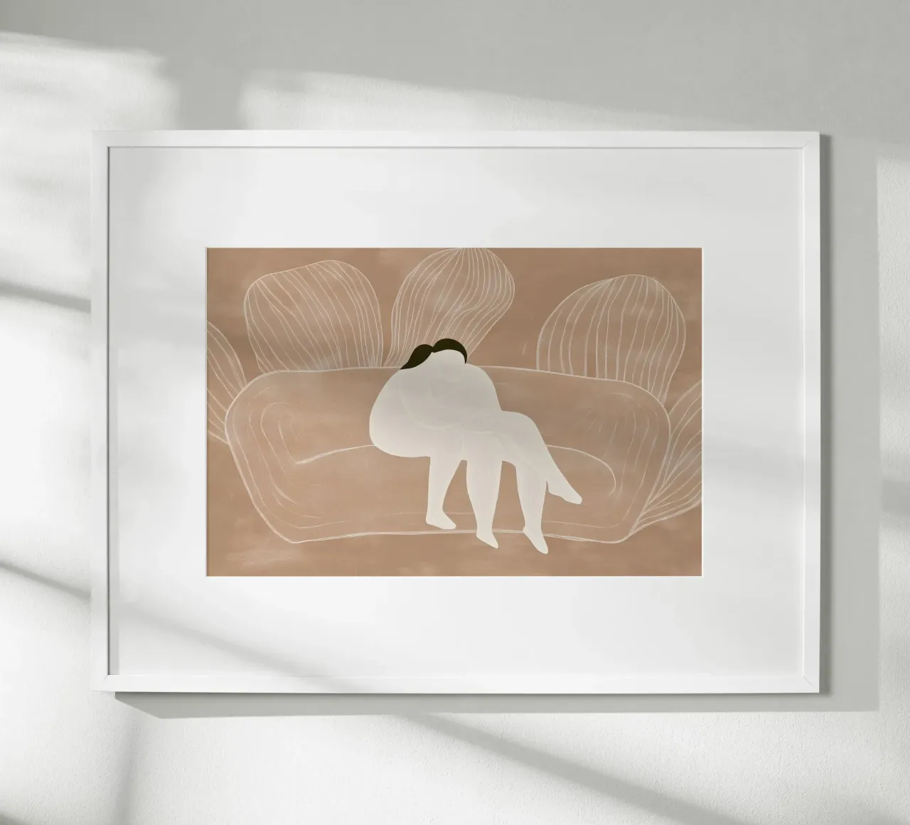 Two naked people on a sofa | Lineart print in beige poster with wooden frame by Autofocus
