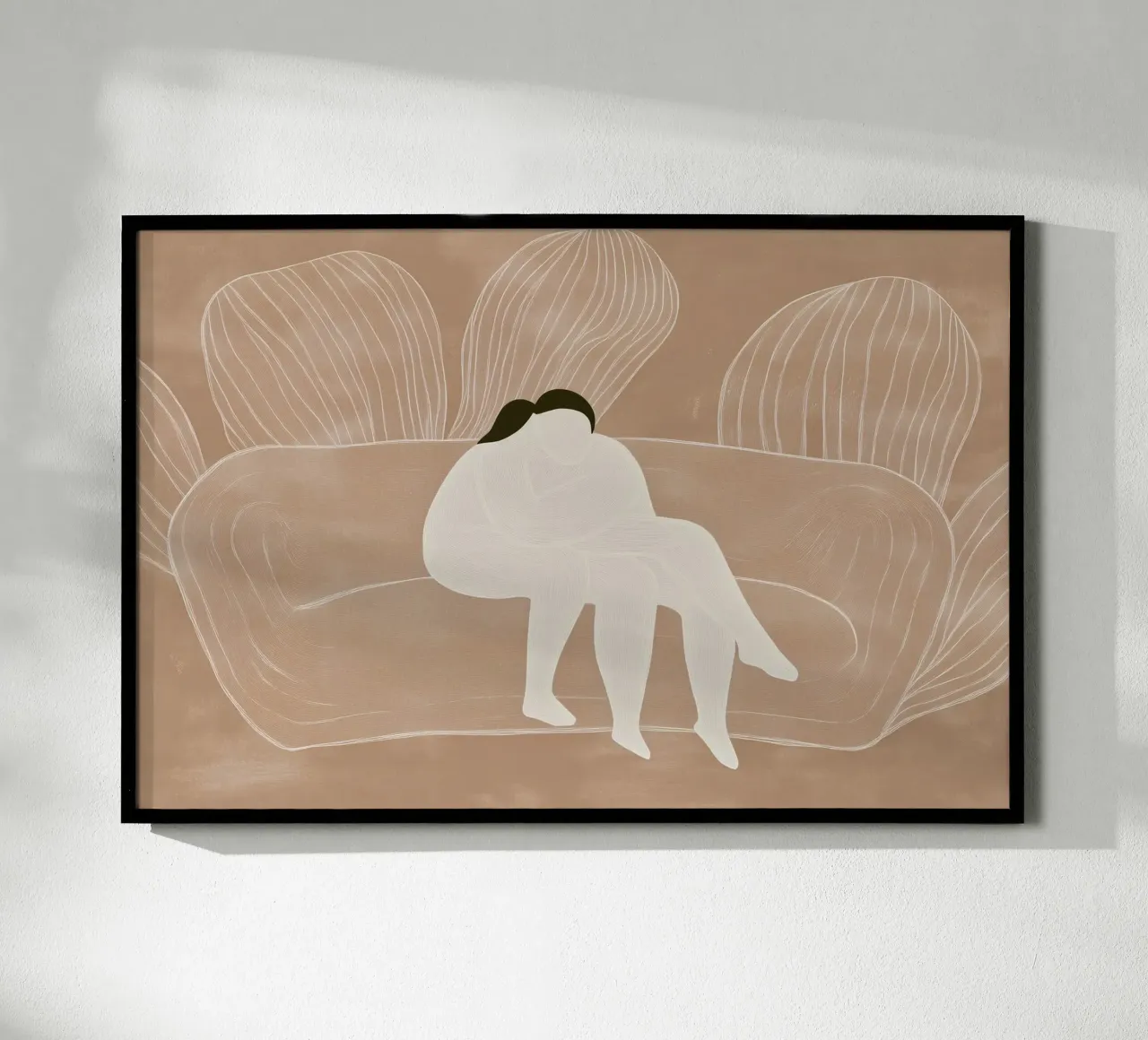 Two naked people on a sofa | Lineart print in beige poster with wooden frame by Autofocus