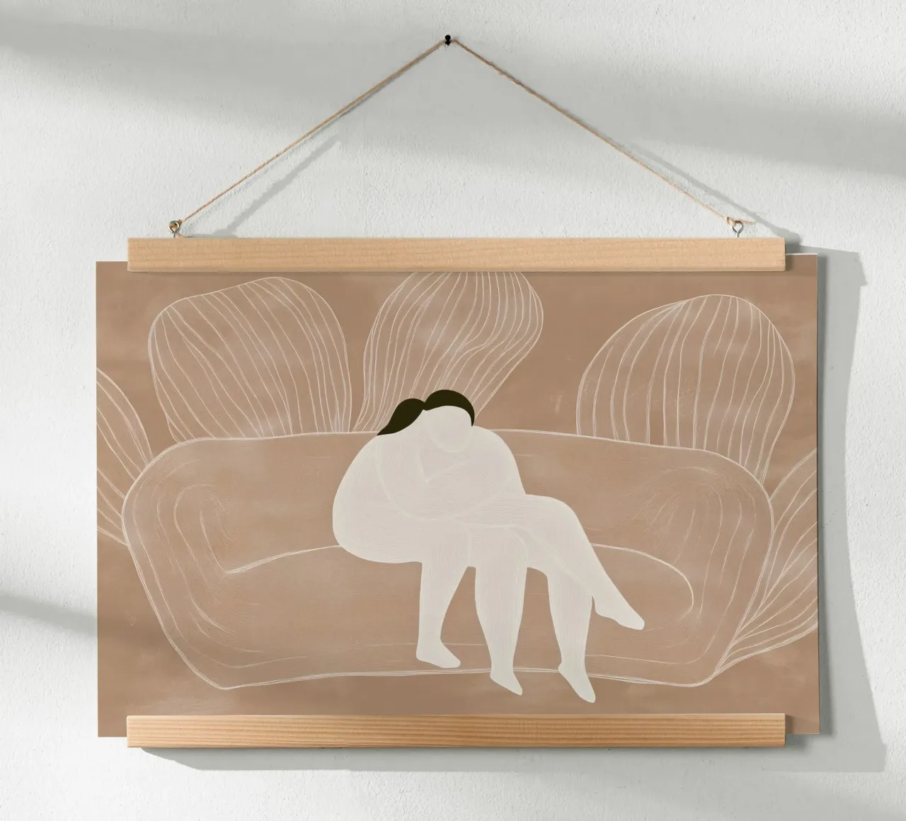 Two naked people on a sofa | Lineart print in beige poster with wooden frame by Autofocus
