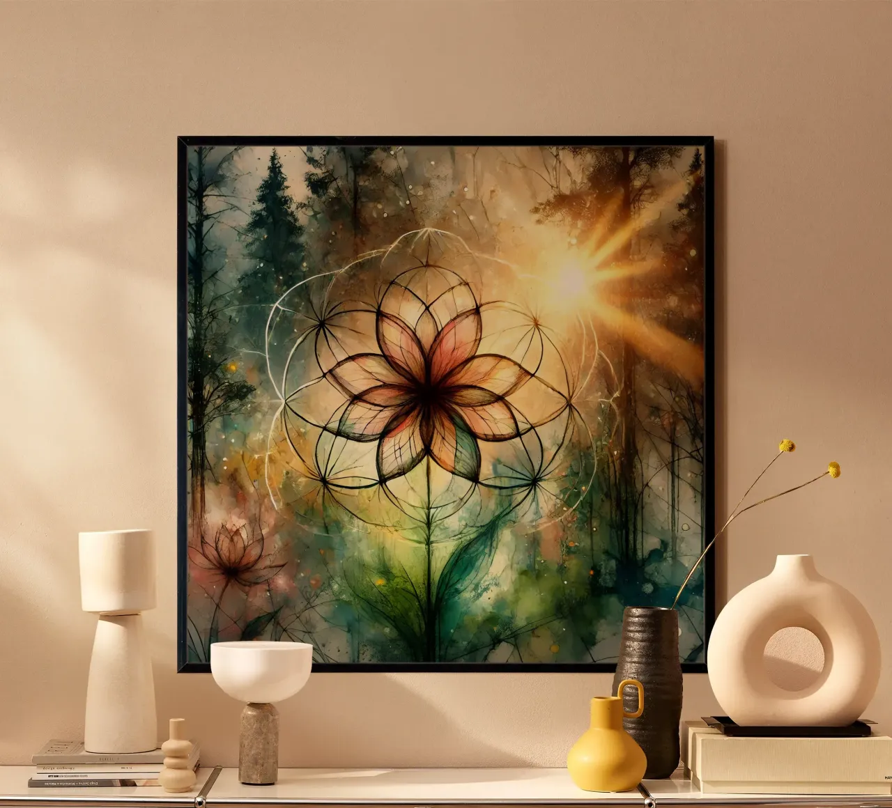 Flower of life - watercolour style poster with wooden frame by spiritual