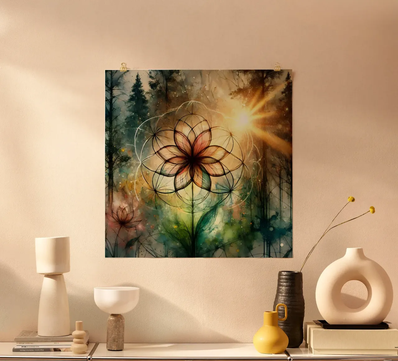 Flower of life - watercolour style poster with wooden frame by spiritual