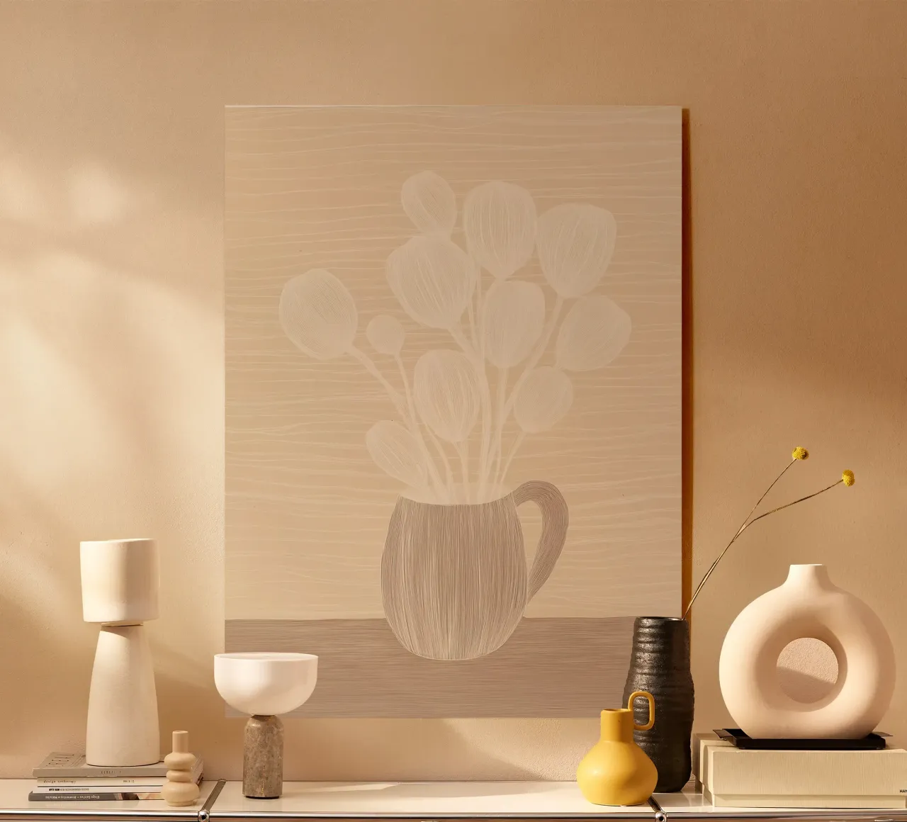 Natura morta di fiori color caffè latteo | line art plexiglass da Autofocus
