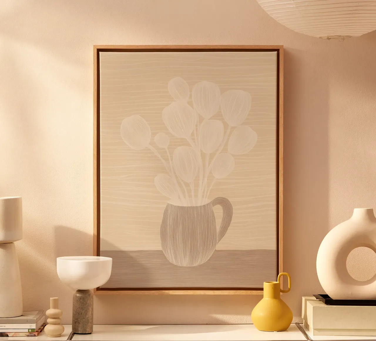 Natura morta di fiori color caffè latteo | line art tela con Cornice a cassetta da Autofocus
