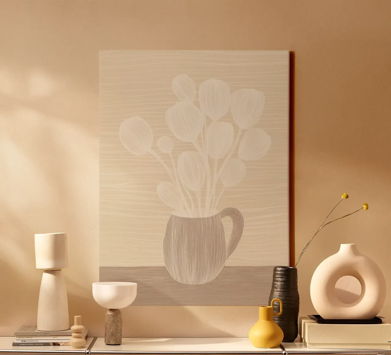 Natura morta di fiori color caffè latteo | line art tela con Cornice a cassetta da Autofocus