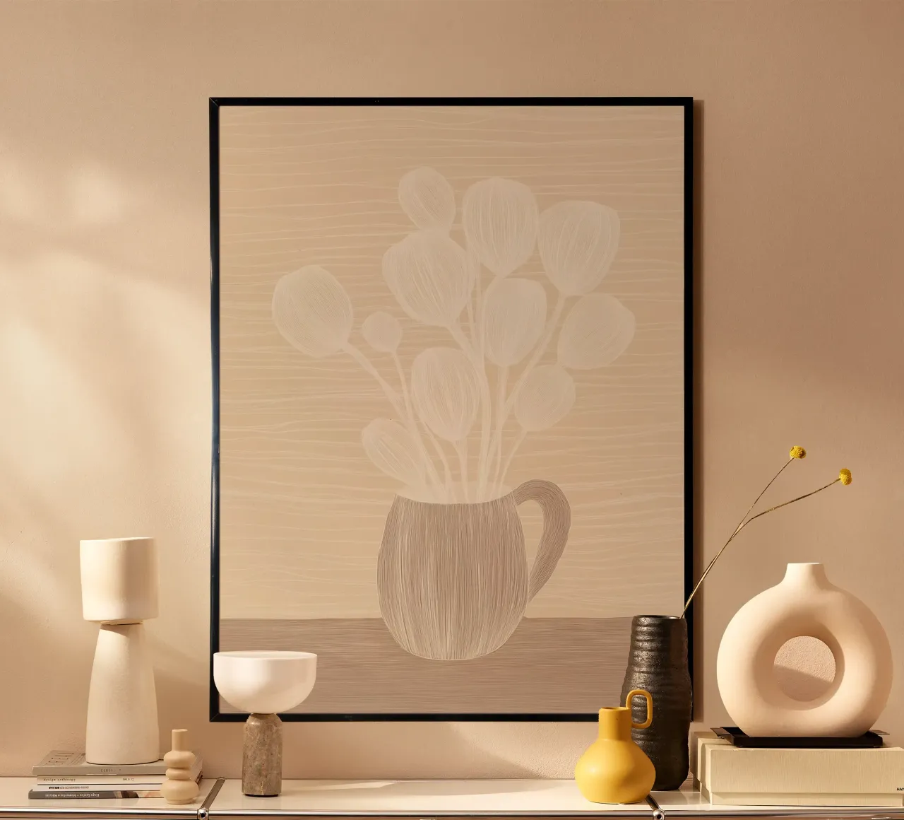 Natura morta di fiori color caffè latteo | line art poster con telaio in plastica da Autofocus