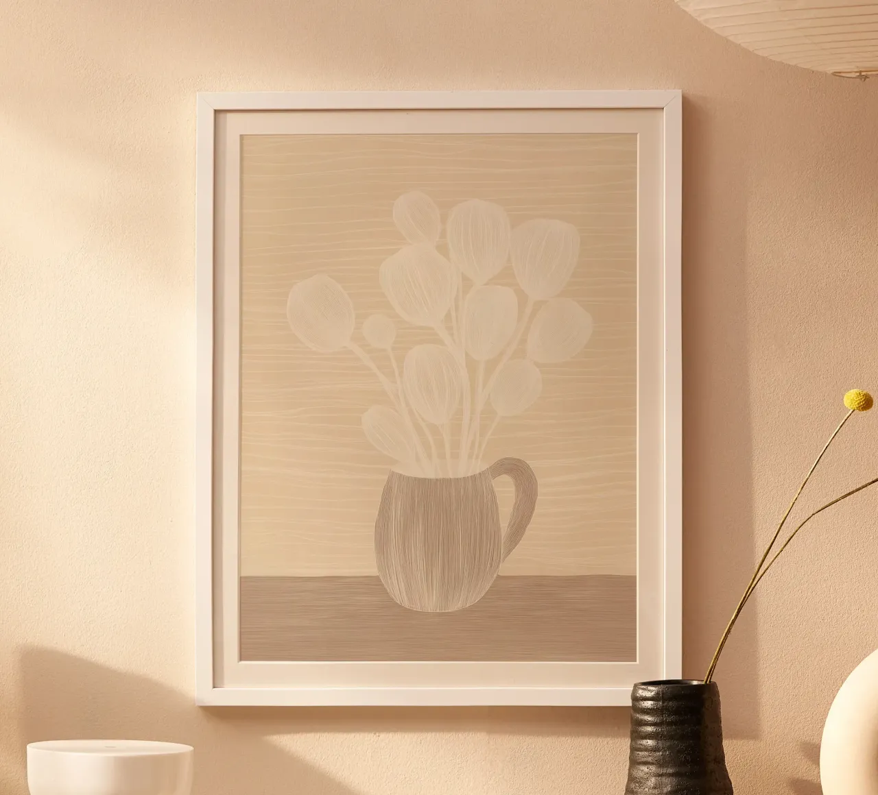 Natura morta di fiori color caffè latteo | line art poster con telaio in plastica da Autofocus