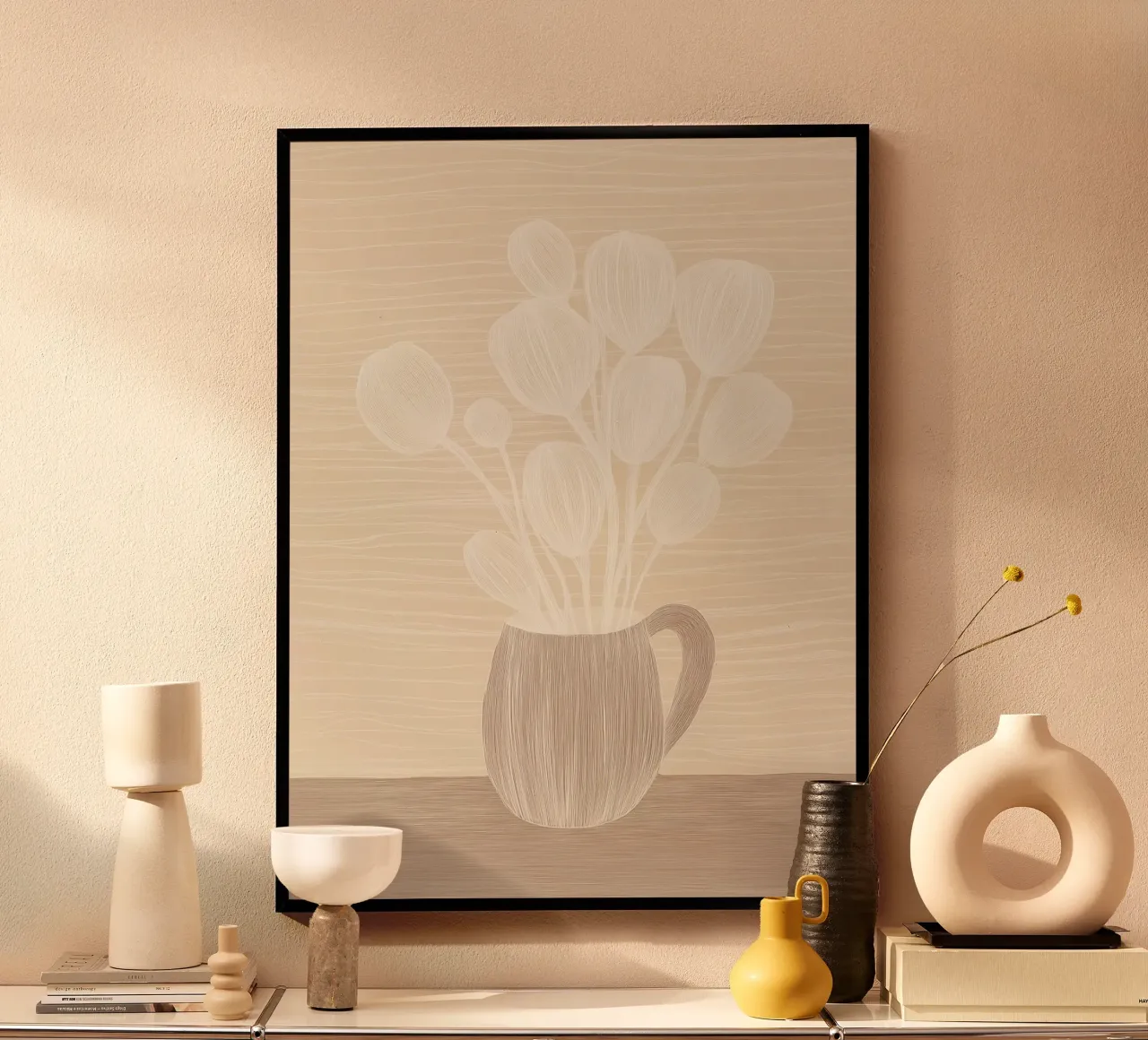 Natura morta di fiori color caffè latteo | line art poster con telaio in plastica da Autofocus