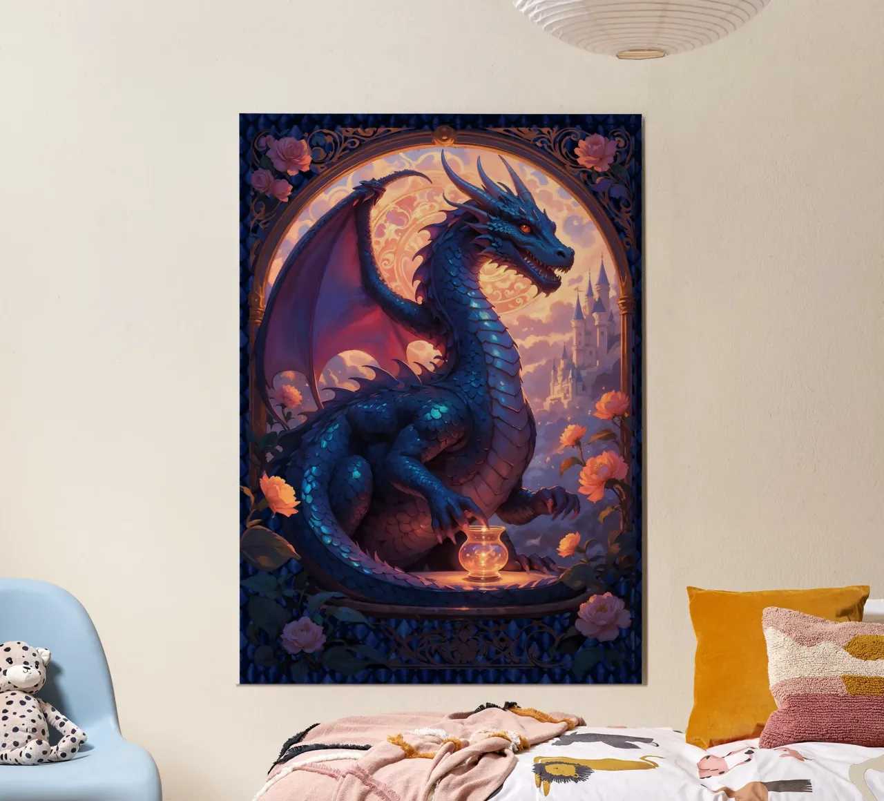 Medieval Blue Dragon poster with aluminum frame by Eva Nev