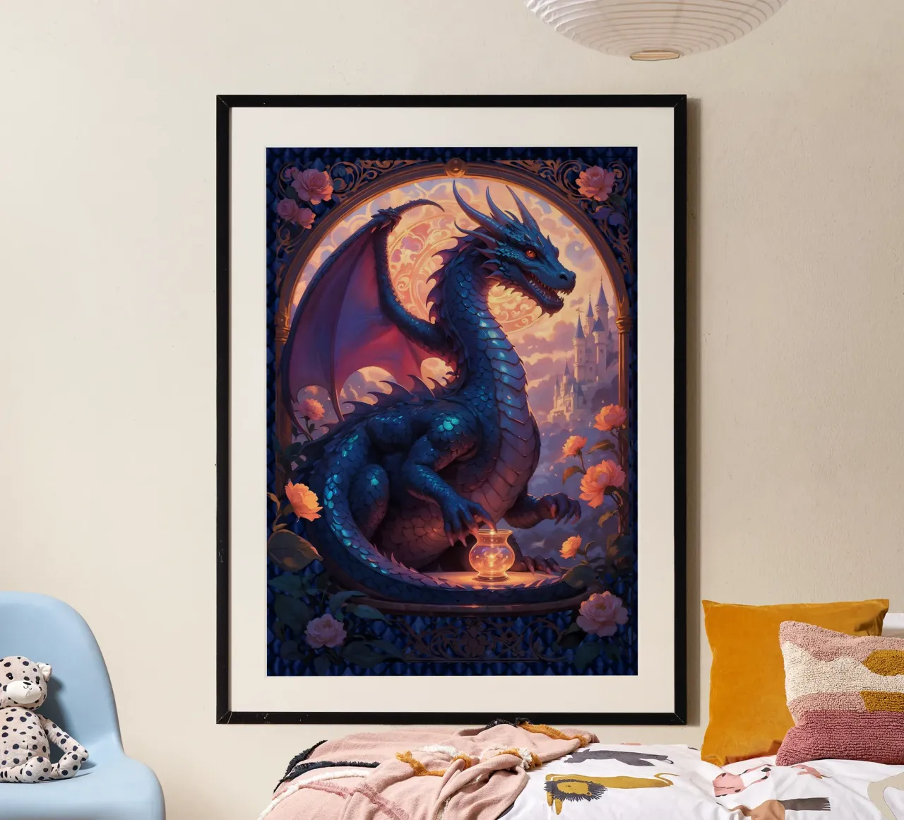Medieval Blue Dragon poster with aluminum frame by Eva Nev
