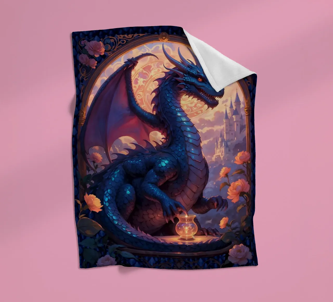 Medieval Blue Dragon fleece blanket by Eva Nev