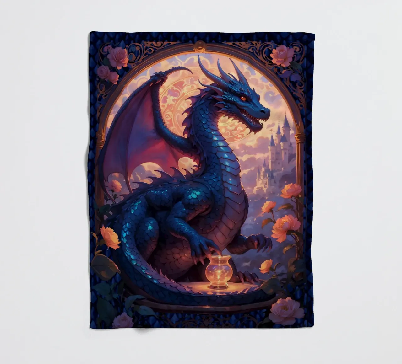 Medieval Blue Dragon fleece blanket by Eva Nev