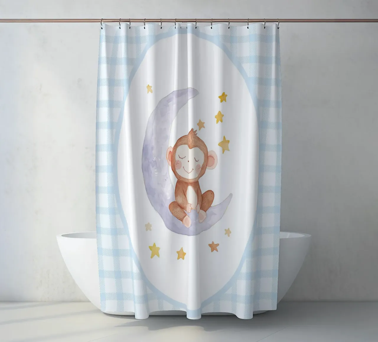 Scimmia su mezzaluna con stelle tenda da doccia da Jungle Joy Art
