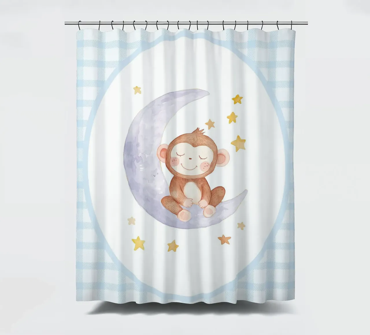 Scimmia su mezzaluna con stelle tenda da doccia da Jungle Joy Art