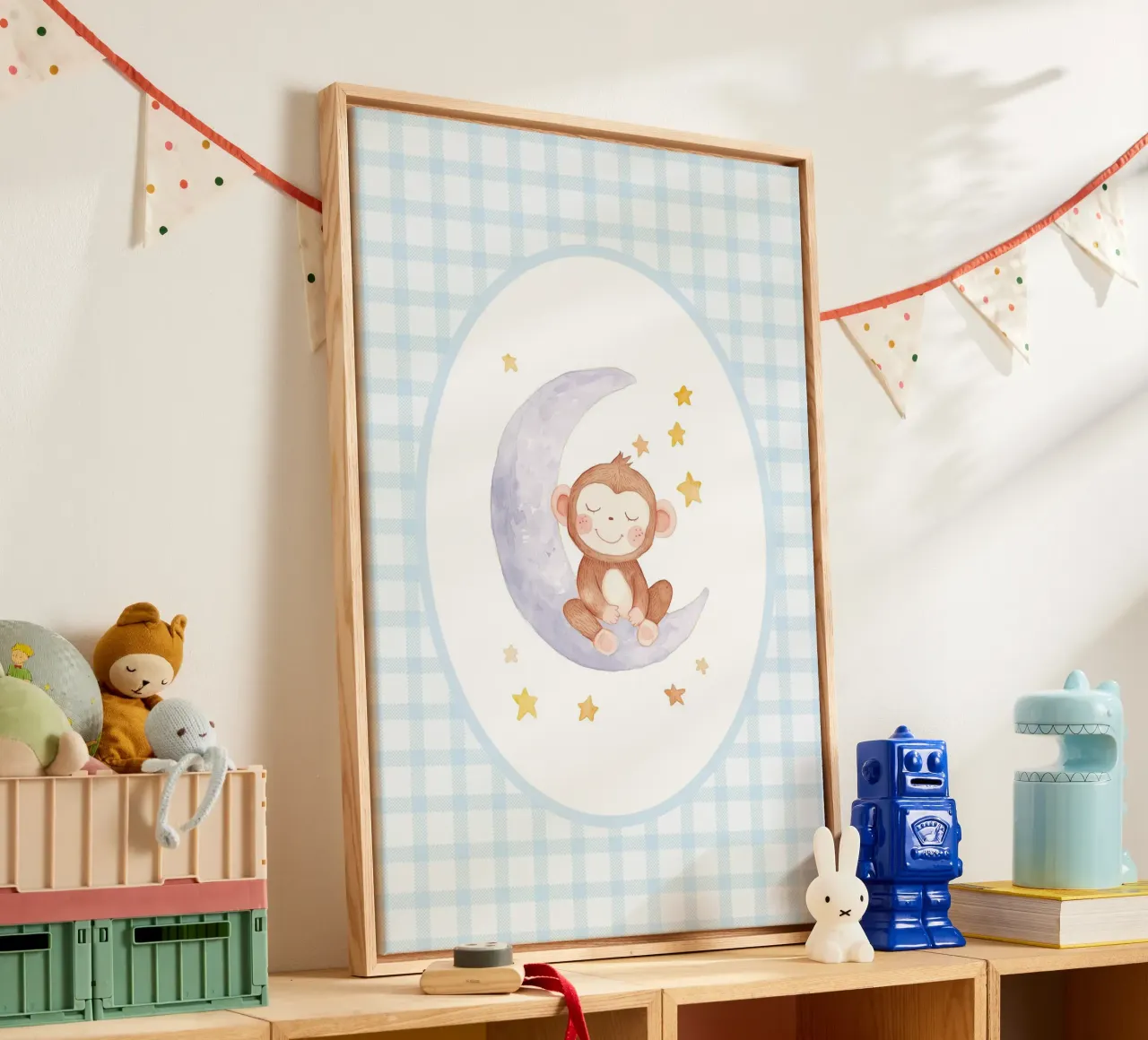 Monkey on Crescent Moon with Stars canvas with Floater frame by Jungle Joy Art