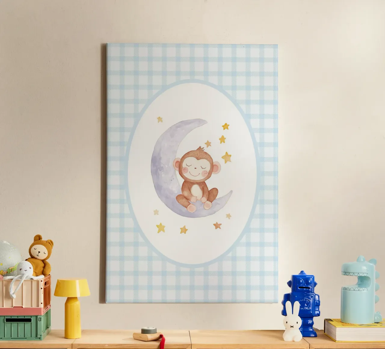 Monkey on Crescent Moon with Stars canvas with Floater frame by Jungle Joy Art