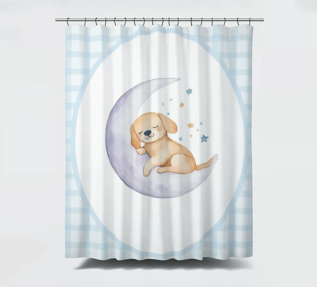 Puppy Sleeping on a Crescent Moon with Stars shower curtain by Jungle Joy Art