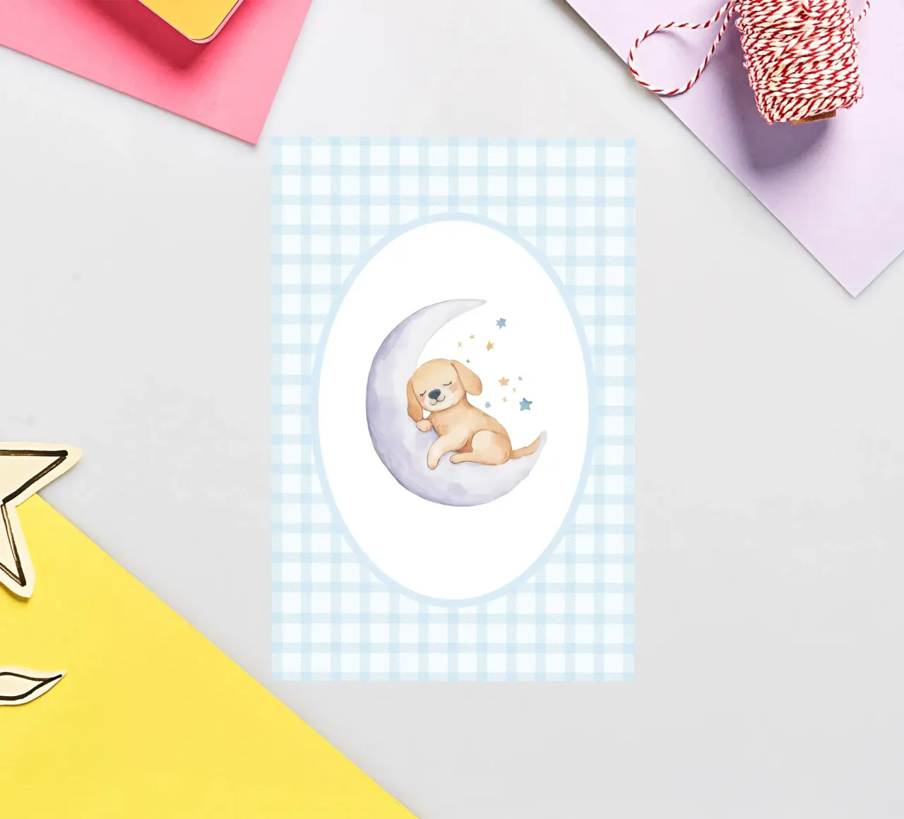 Puppy Sleeping on a Crescent Moon with Stars sticker by Jungle Joy Art