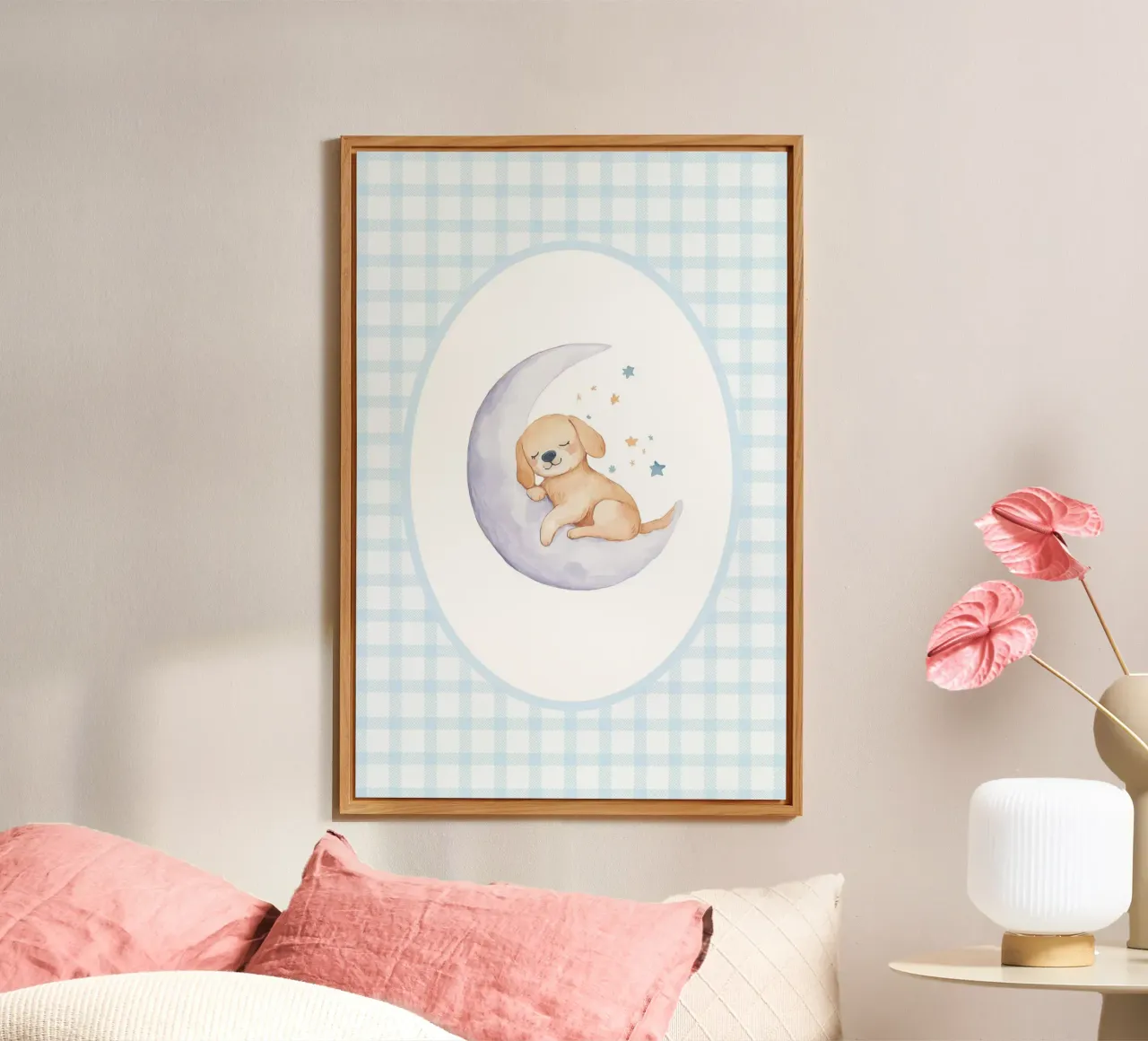 Cucciolo che dorme su una mezzaluna con stelle alluminio dibond da Jungle Joy Art