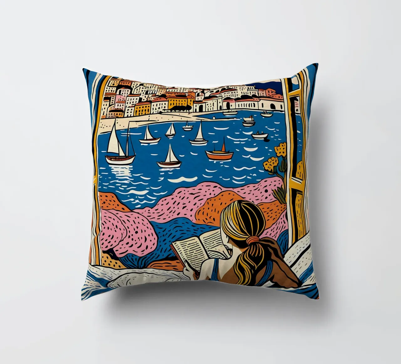 Reader in front of the window in Cannes decorative cushion by Couleursdusud