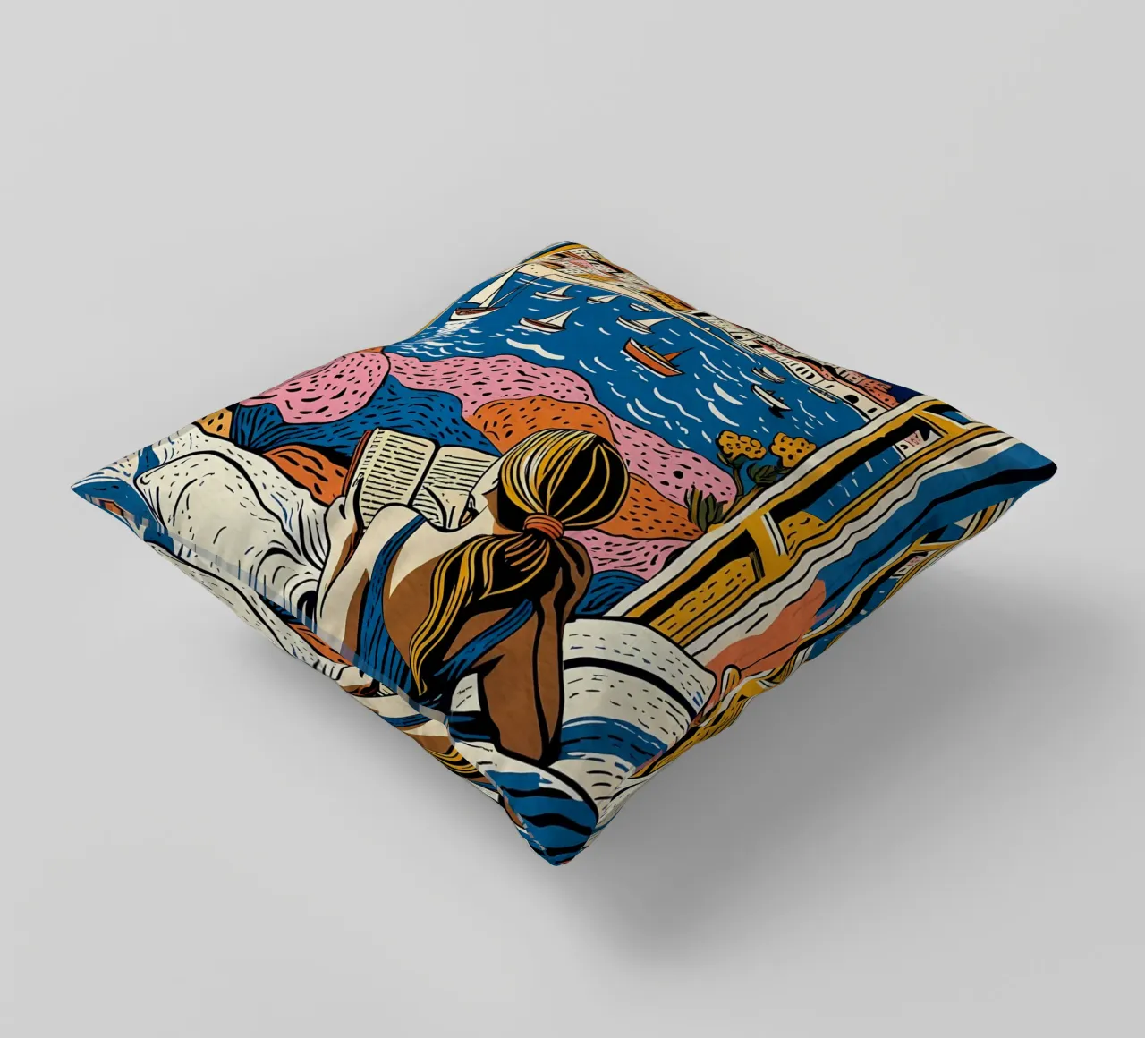 Reader in front of the window in Cannes decorative cushion by Couleursdusud
