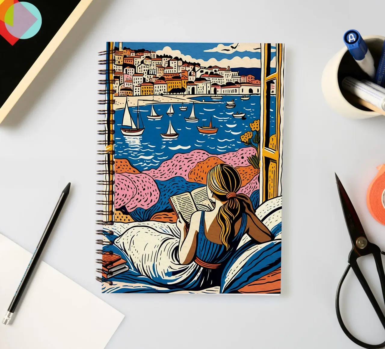 Reader in front of the window in Cannes spiral notebook by Couleursdusud
