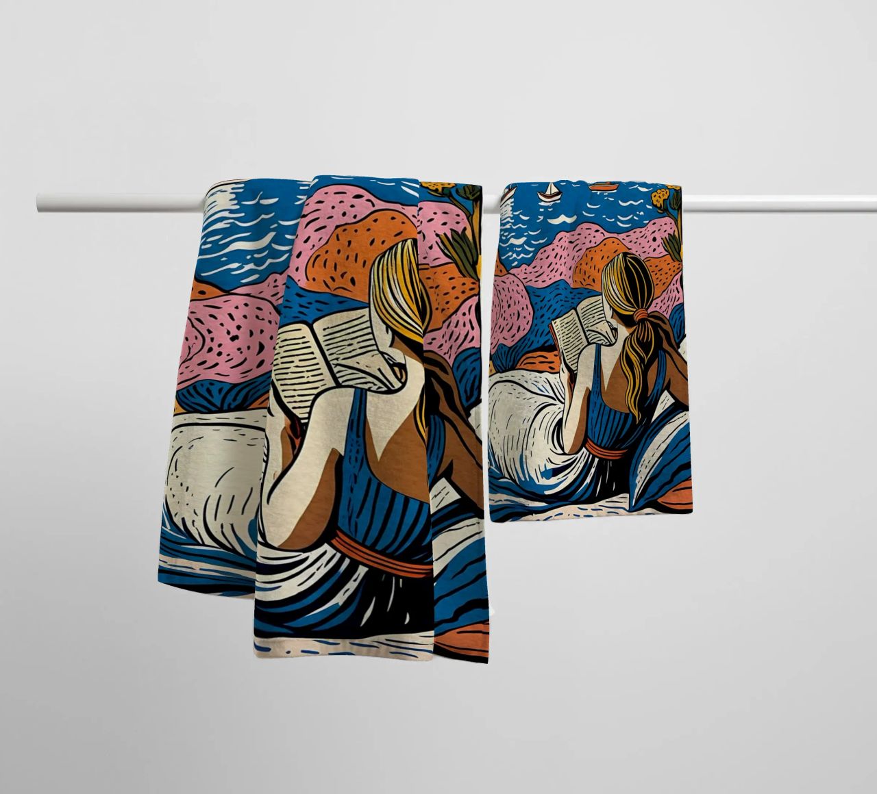 Reader in front of the window in Cannes towel by Couleursdusud