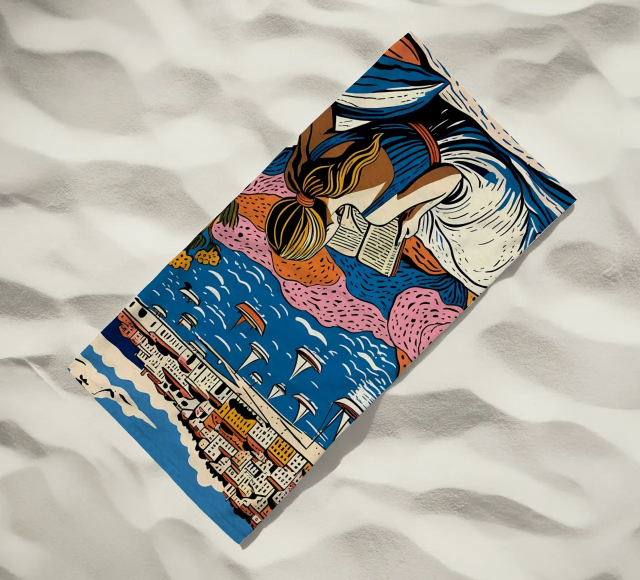 Reader in front of the window in Cannes beach towel by Couleursdusud