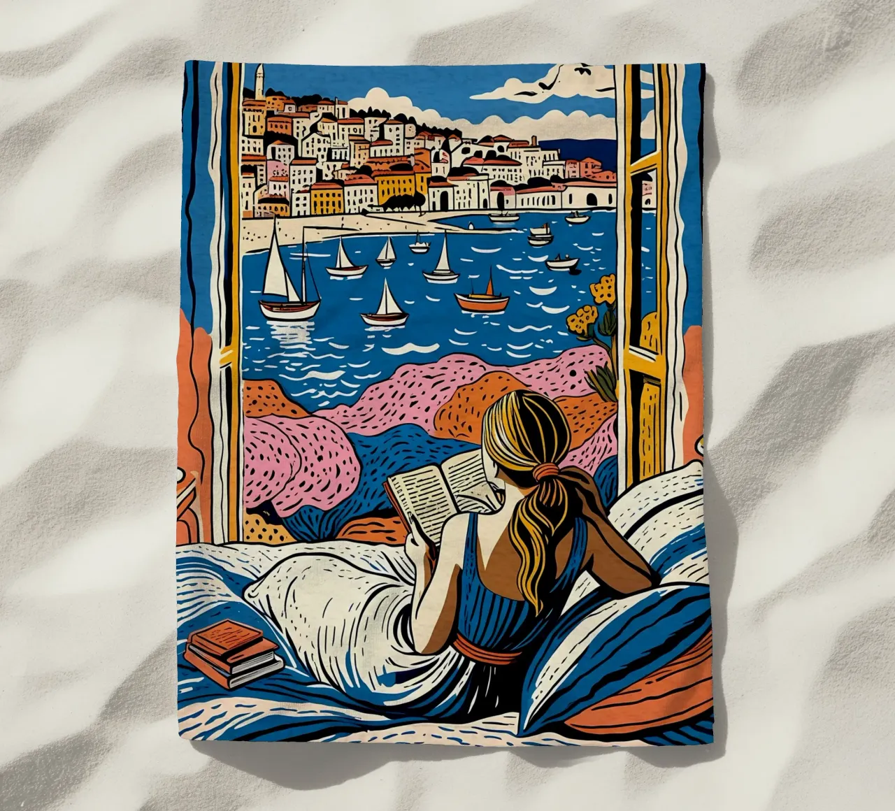 Reader in front of the window in Cannes beach towel by Couleursdusud
