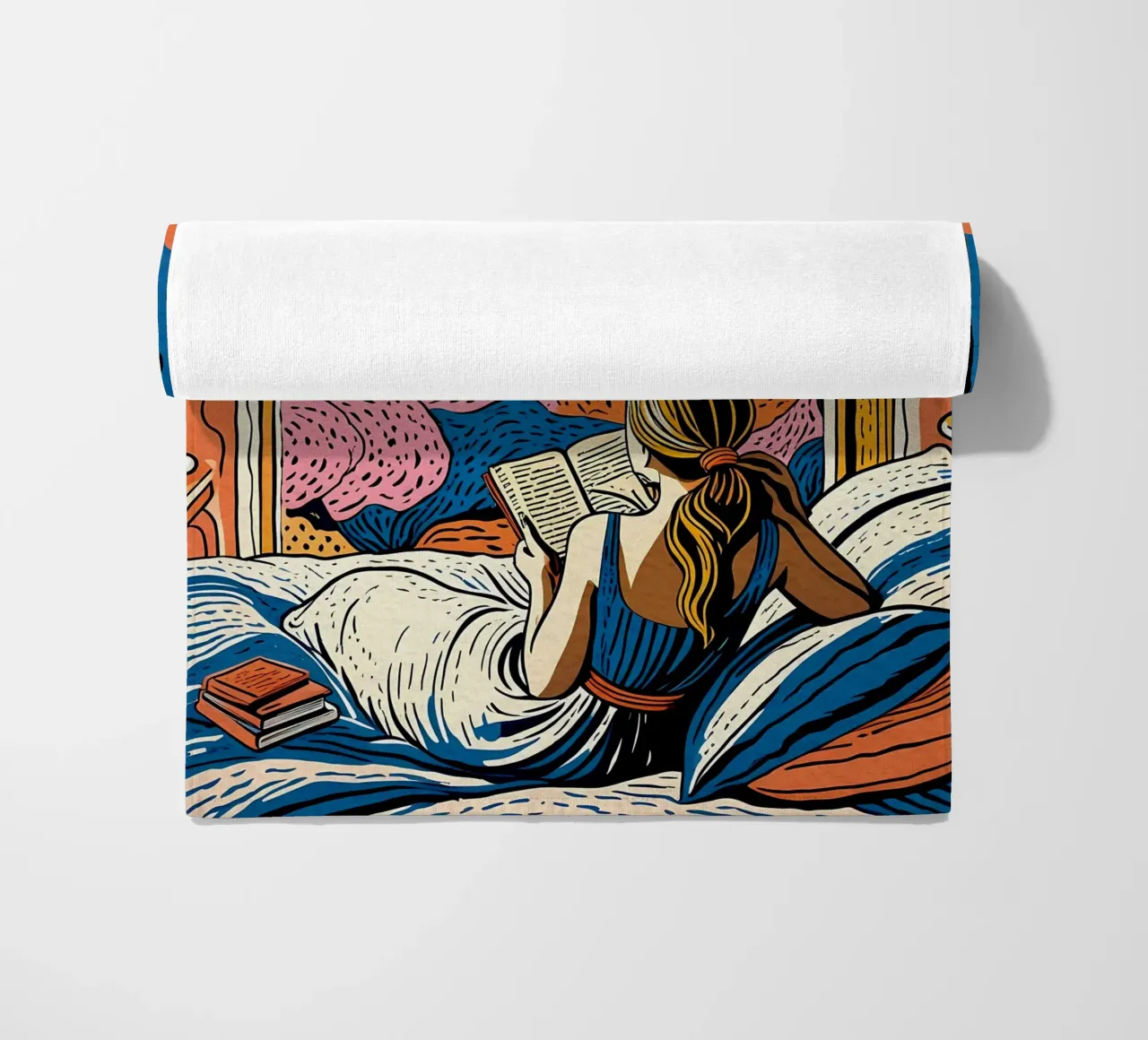 Reader in front of the window in Cannes beach towel by Couleursdusud