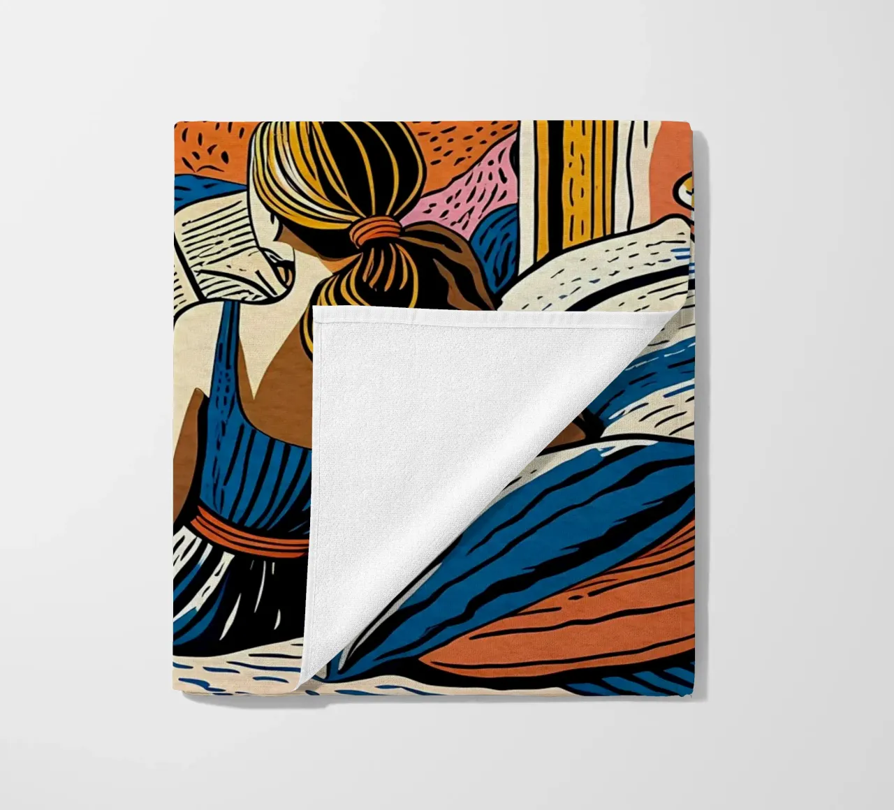 Reader in front of the window in Cannes beach towel by Couleursdusud