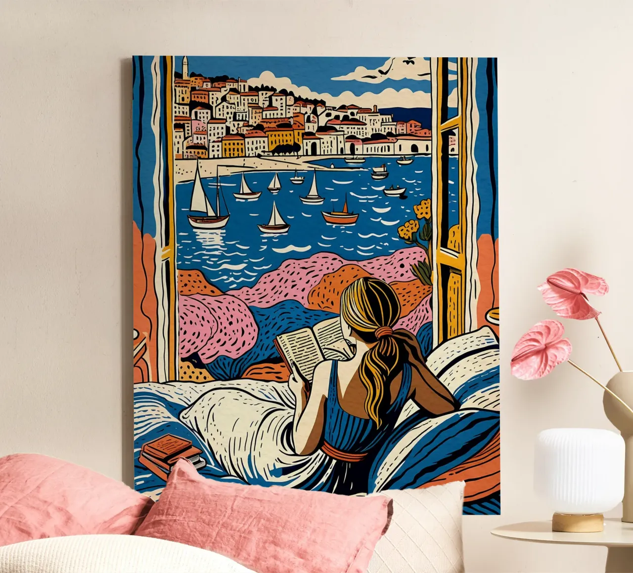 Leserin vor dem Fenster in Cannes Leinwand von Couleursdusud