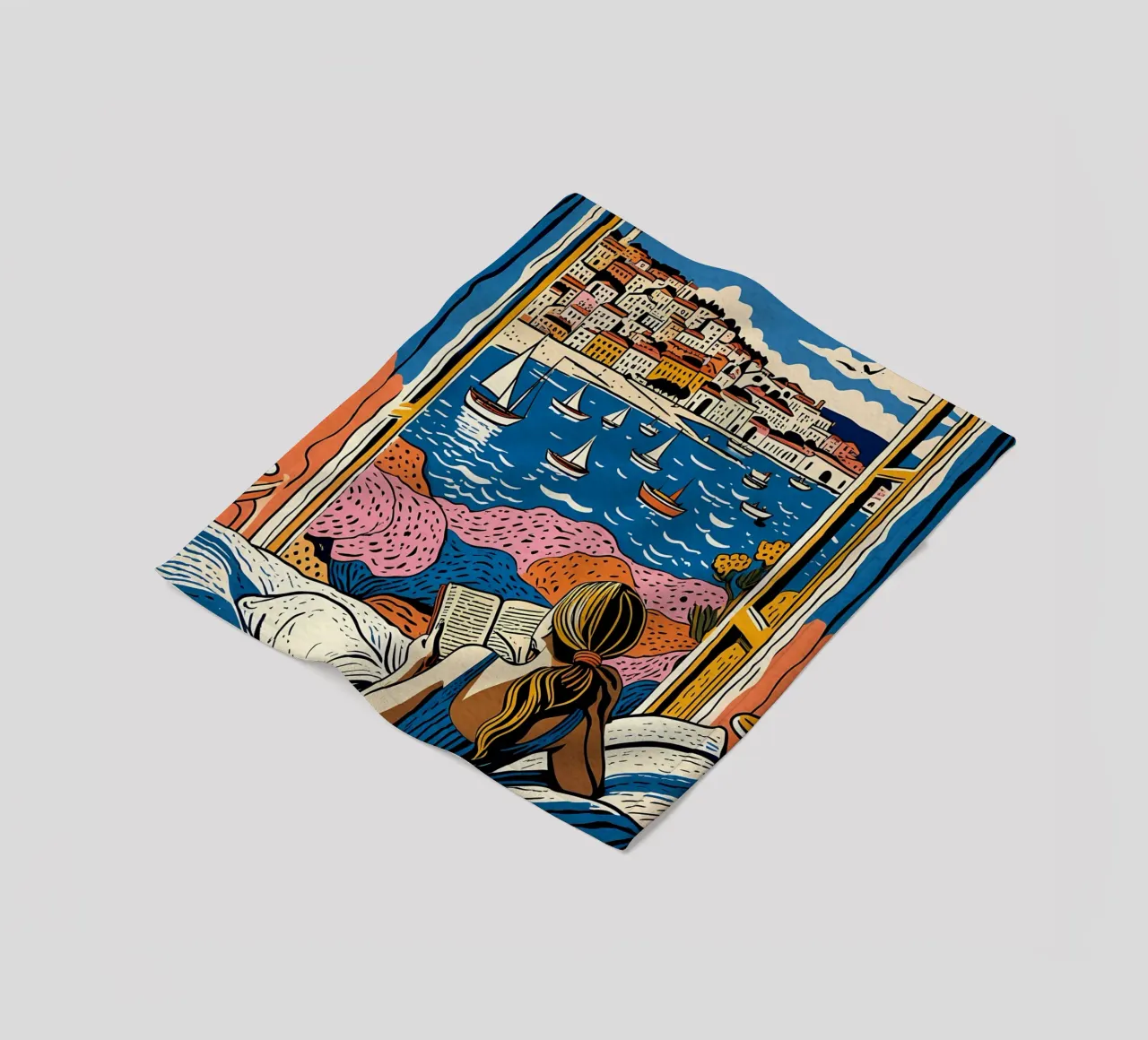 Reader in front of the window in Cannes fleece blanket by Couleursdusud