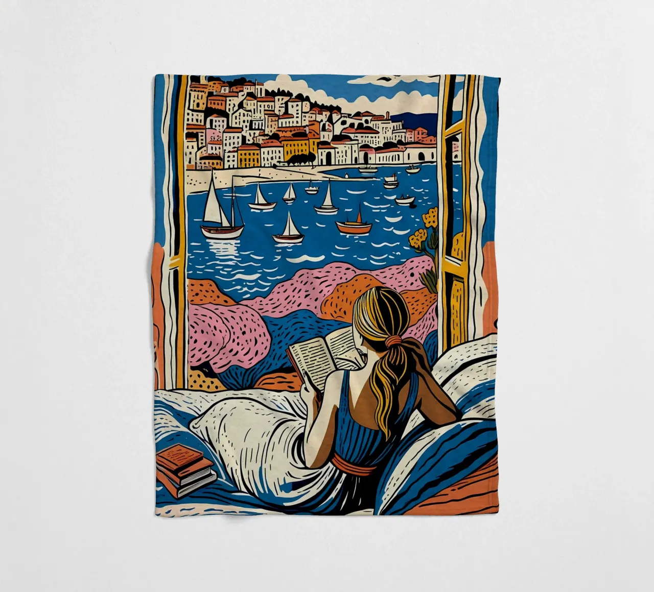 Reader in front of the window in Cannes fleece blanket by Couleursdusud