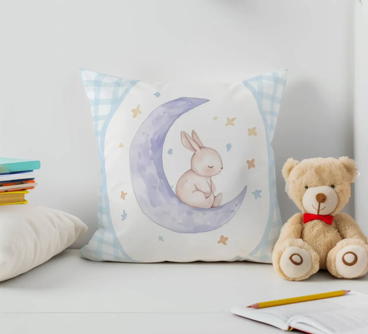 Coniglio su mezzaluna e stelle cuscino da Jungle Joy Art
