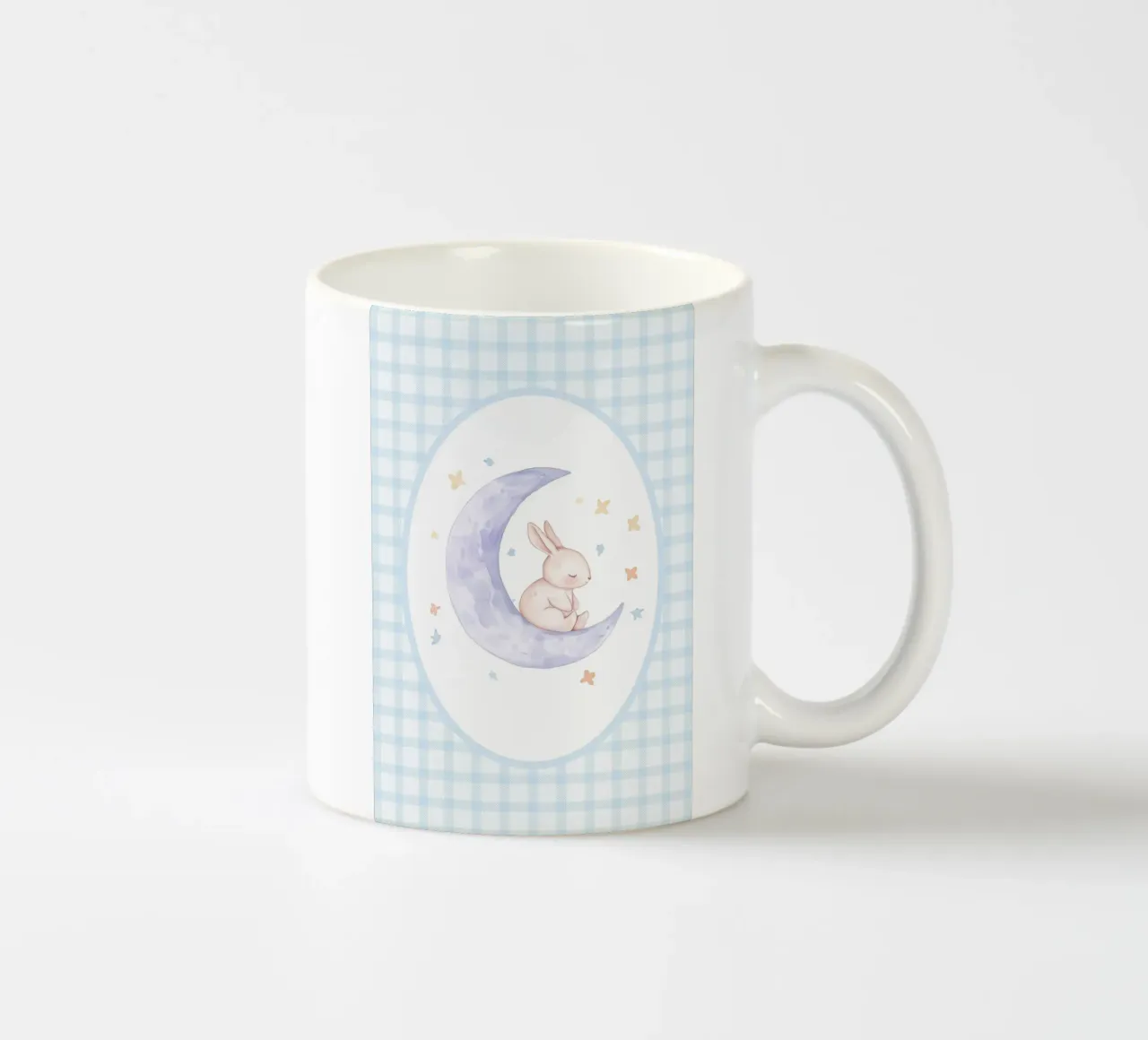 Coniglio su mezzaluna e stelle tazza in ceramica da Jungle Joy Art