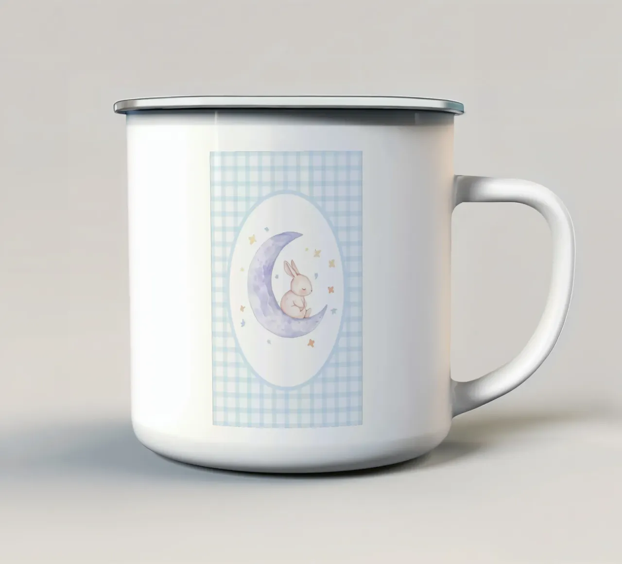Coniglio su mezzaluna e stelle tazza in smalto da Jungle Joy Art