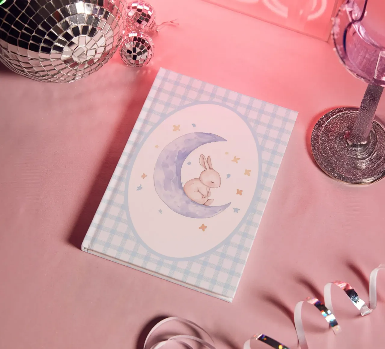 Rabbit on Crescent Moon and Stars notebook by Jungle Joy Art