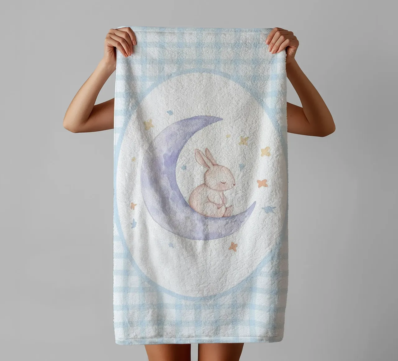 Rabbit on Crescent Moon and Stars towel by Jungle Joy Art