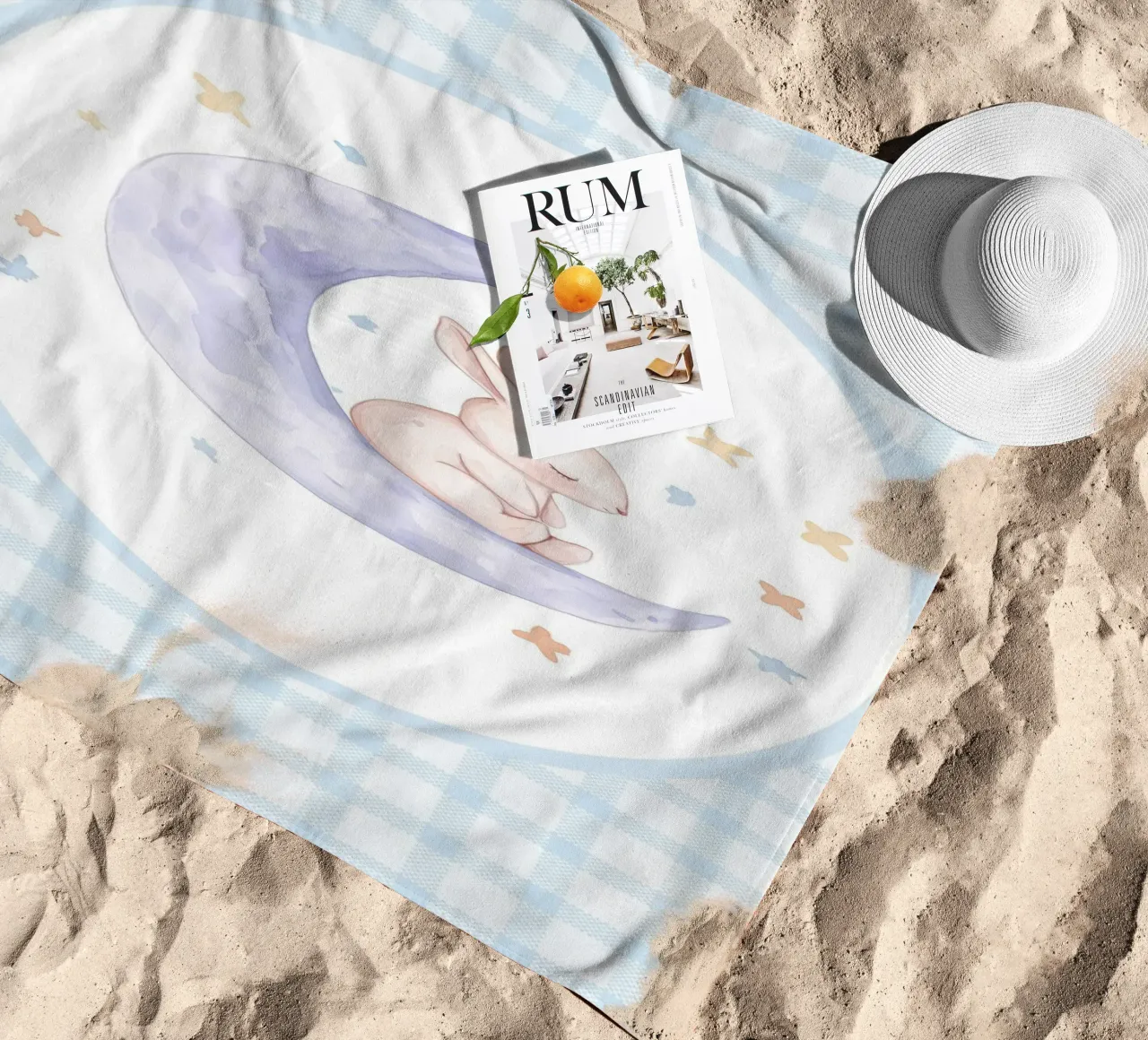 Rabbit on Crescent Moon and Stars beach towel by Jungle Joy Art
