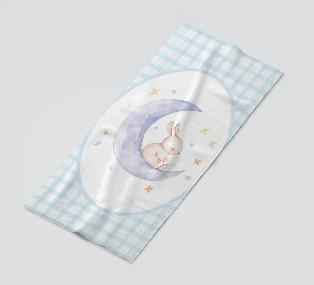 Rabbit on Crescent Moon and Stars beach towel by Jungle Joy Art