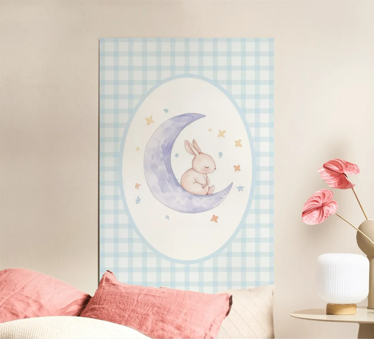 Coniglio su mezzaluna e stelle poster con telaio in alluminio da Jungle Joy Art