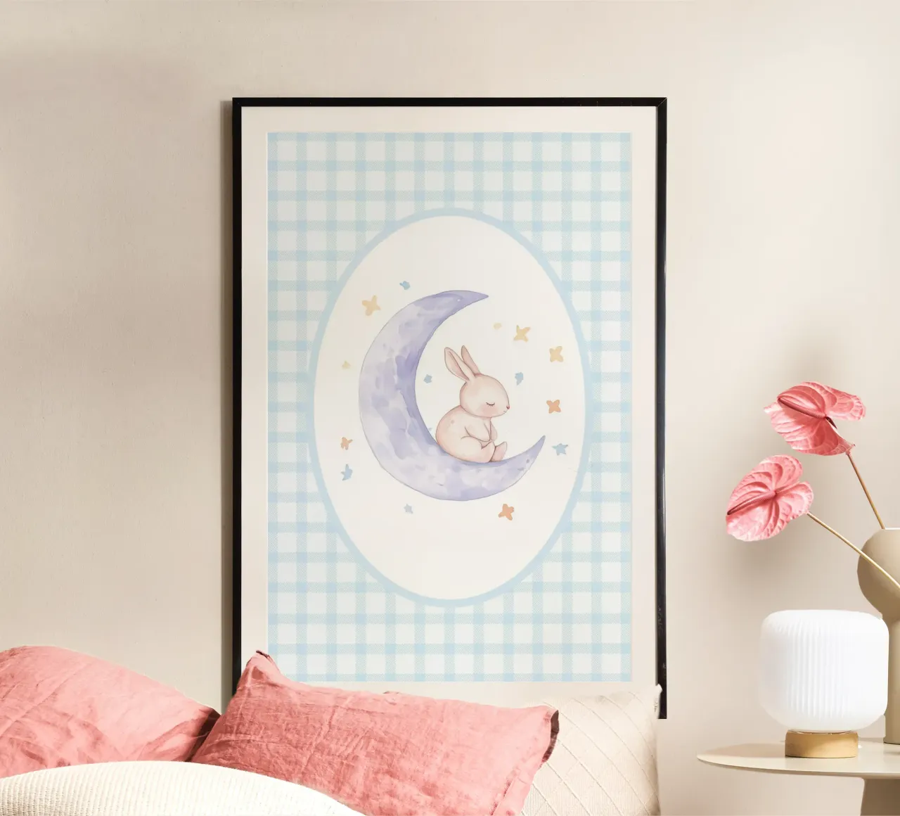 Coniglio su mezzaluna e stelle poster con telaio in alluminio da Jungle Joy Art
