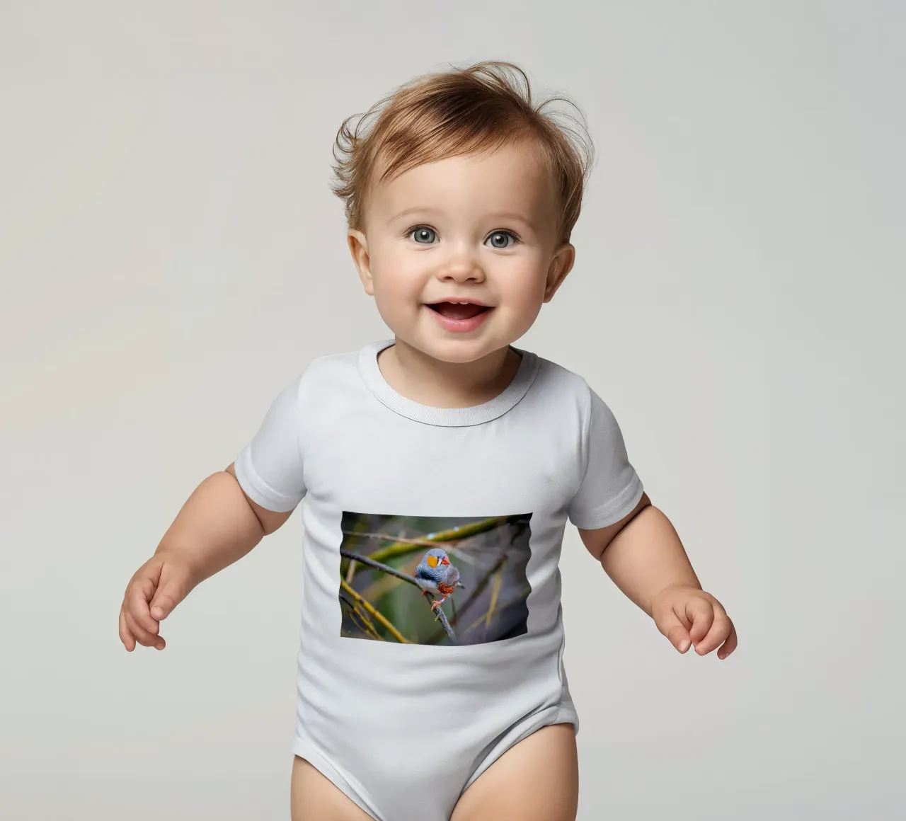 Zebra finch sitting on a branch short-sleeve baby romper by Marcus Beckert | Fotografie